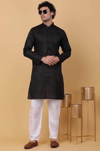 Men black pure cotton striped knee length kurta