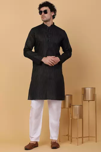 Men black pure cotton striped knee length kurta