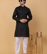 Men black pure cotton striped knee length kurta