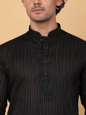 Men black pure cotton striped knee length kurta 2