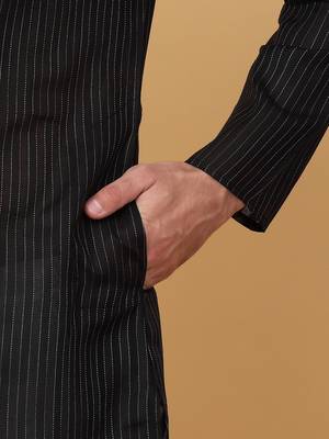 Men black pure cotton striped knee length kurta 4