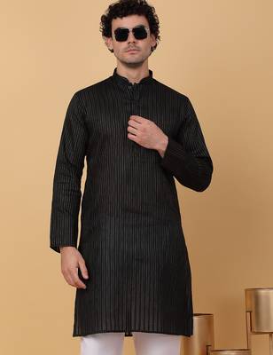 Men black pure cotton striped knee length kurta 5
