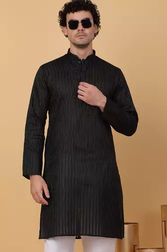 Men black pure cotton striped knee length kurta