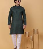 Men green pure cotton striped knee length kurta