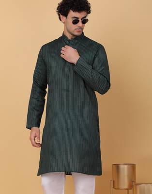 Men green pure cotton striped knee length kurta 5