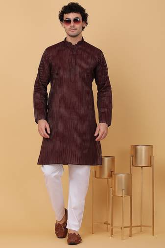 Men maroon pure cotton striped knee length kurta