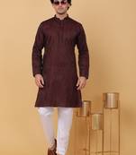 Men maroon pure cotton striped knee length kurta
