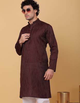 Men maroon pure cotton striped knee length kurta 5