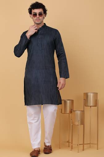 Men navy blue pure cotton striped knee length kurta