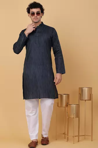 Men navy blue pure cotton striped knee length kurta