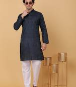 Men navy blue pure cotton striped knee length kurta