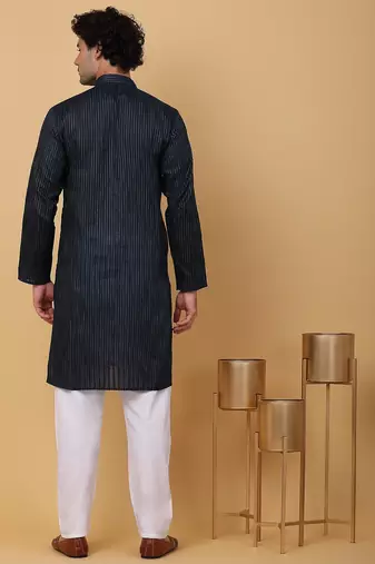 Men navy blue pure cotton striped knee length kurta