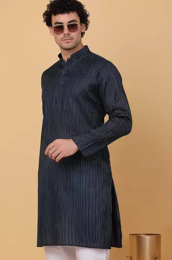 Men navy blue pure cotton striped knee length kurta