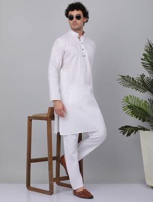 Men white pure cotton striped knee length kurta 1