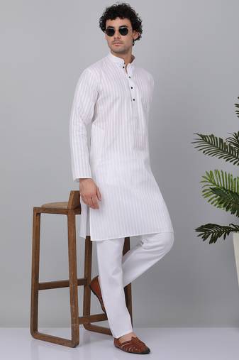 Men white pure cotton striped knee length kurta