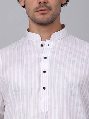 Men white pure cotton striped knee length kurta 2
