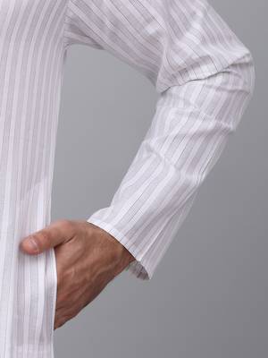Men white pure cotton striped knee length kurta 4