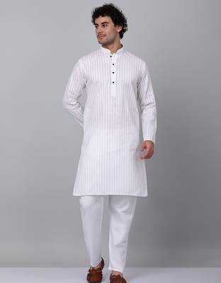 Men white pure cotton striped knee length kurta 5
