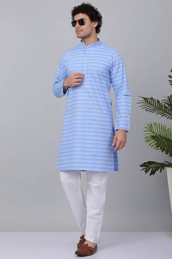 Men blue cotton striped kurta