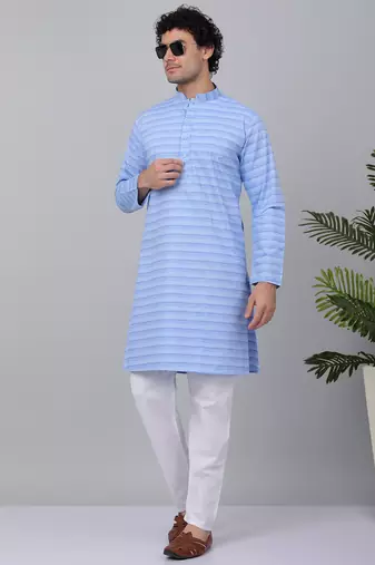 Men blue cotton striped kurta