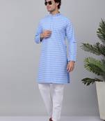Men blue cotton striped kurta