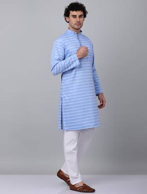 Men blue cotton striped kurta 5
