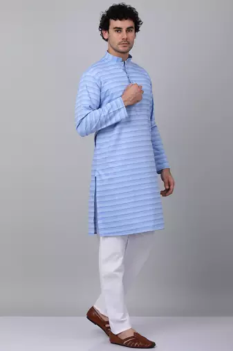 Men blue cotton striped kurta