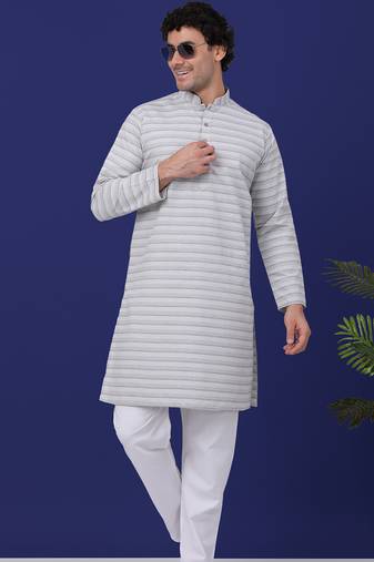 Men grey cotton striped kurta