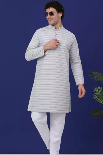 Men grey cotton striped kurta