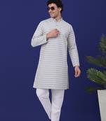 Men grey cotton striped kurta