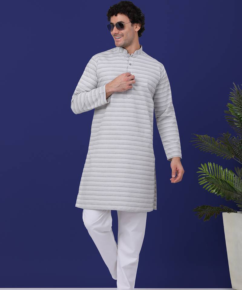 Men grey cotton striped kurta