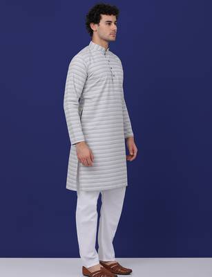 Men grey cotton striped kurta 5
