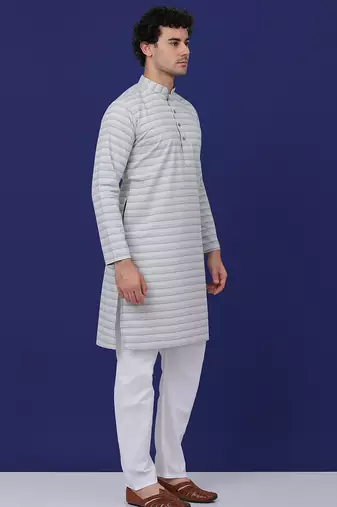 Men grey cotton striped kurta
