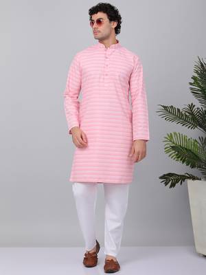 Men pink cotton striped kurta 1
