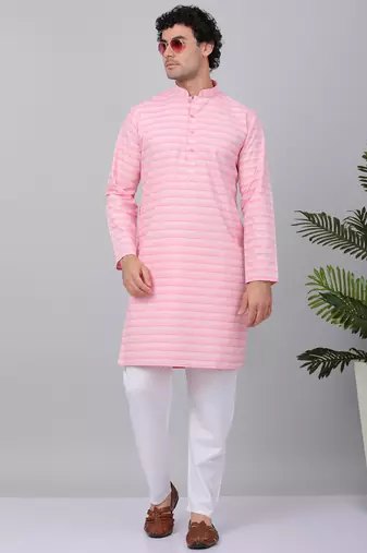 Men pink cotton striped kurta