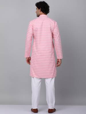 Men pink cotton striped kurta 3
