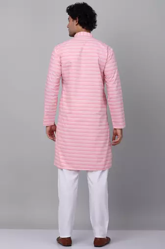 Men pink cotton striped kurta