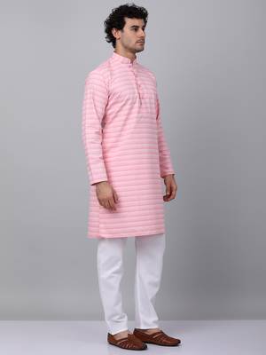 Men pink cotton striped kurta 5