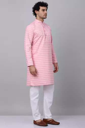 Men pink cotton striped kurta