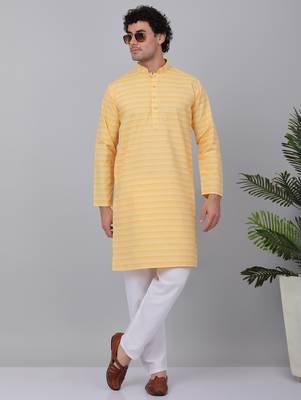 Men yellow cotton striped kurta 1