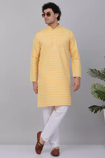 Men yellow cotton striped kurta