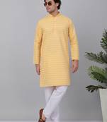 Men yellow cotton striped kurta
