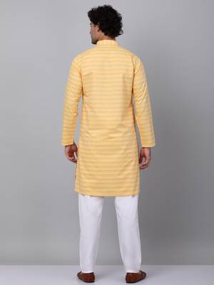 Men yellow cotton striped kurta 3