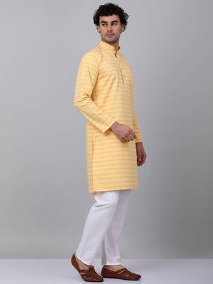 Men yellow cotton striped kurta 5