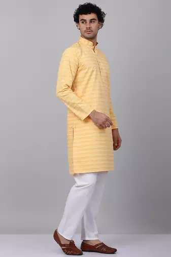 Men yellow cotton striped kurta