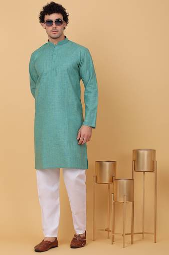 Men green cotton linen striped kurta