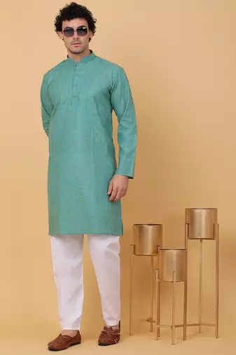 Men green cotton linen striped kurta