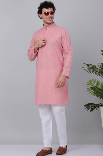 Men pink cotton linen striped kurta