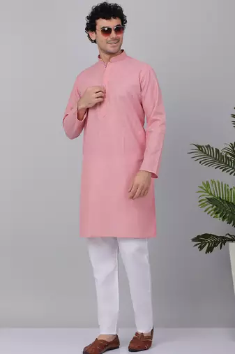 Men pink cotton linen striped kurta