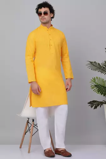 Men yellow cotton linen striped kurta